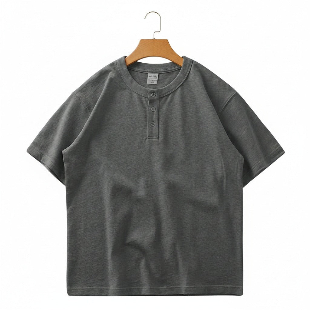 Short Sleeve Henley T Shirt - Charcoal - Front View