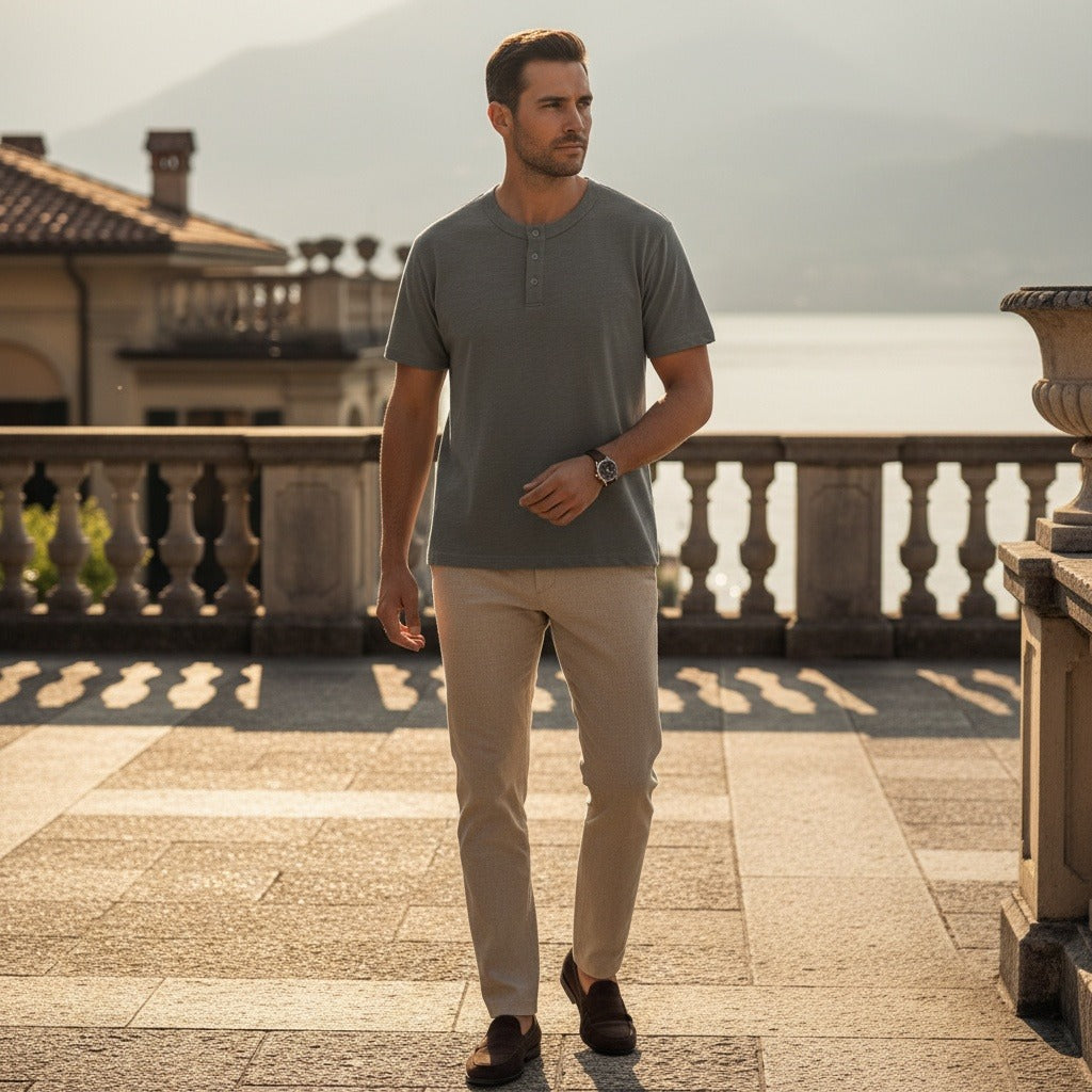 Short Sleeve Henley T Shirt - Charcoal - Angled Shot