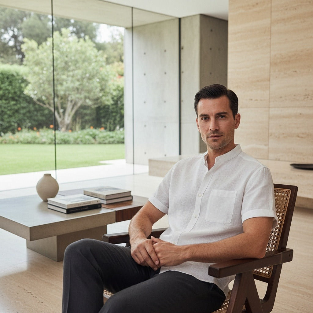 Short Sleeve Linen Shirt - Bright White - Side Profile