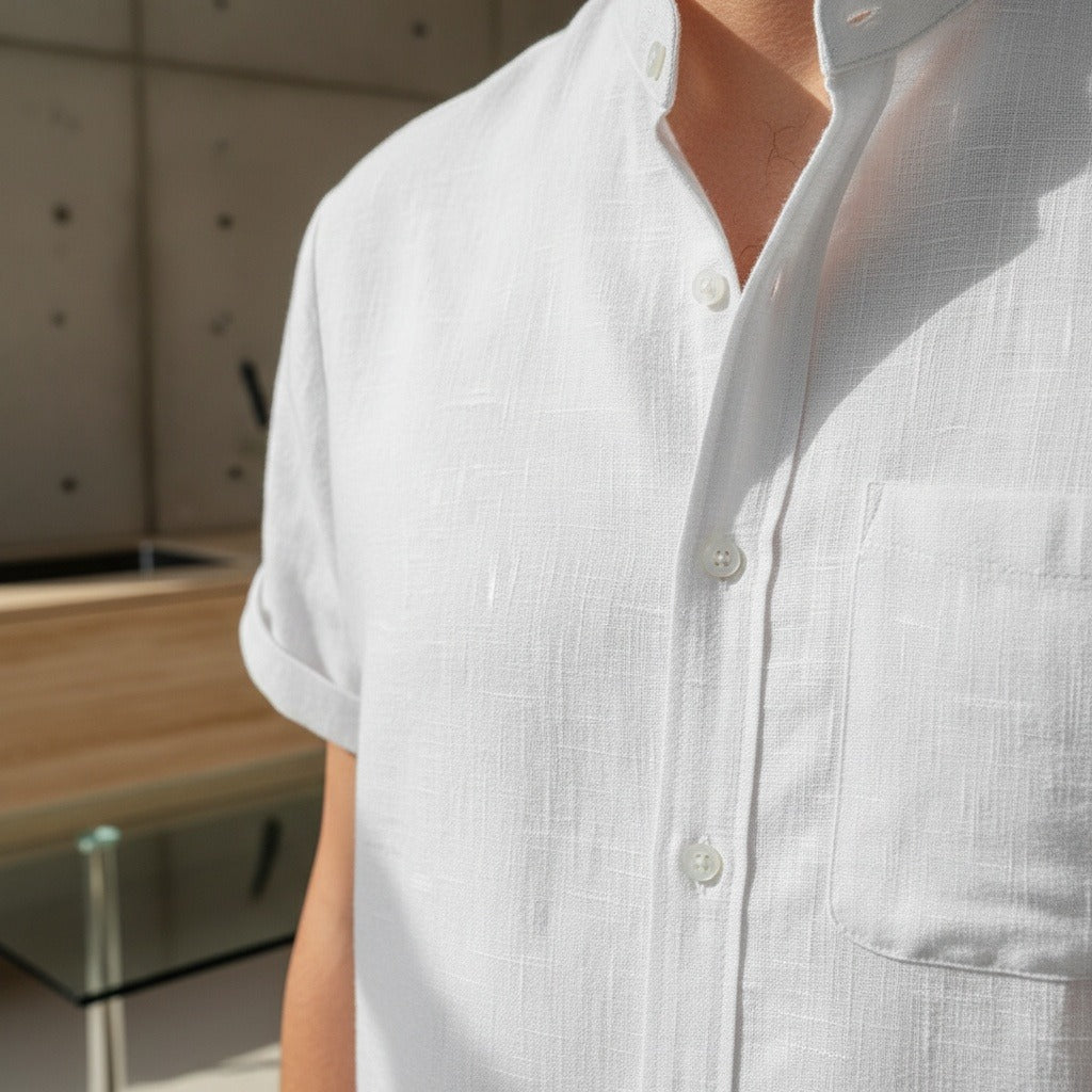 Short Sleeve Linen Shirt - Bright White - Back View