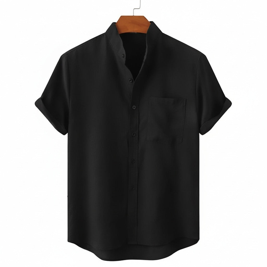 Short Sleeve Linen Shirt - Pitch Black - Front View