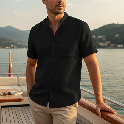 Short Sleeve Linen Shirt - Pitch Black - Angled Shot