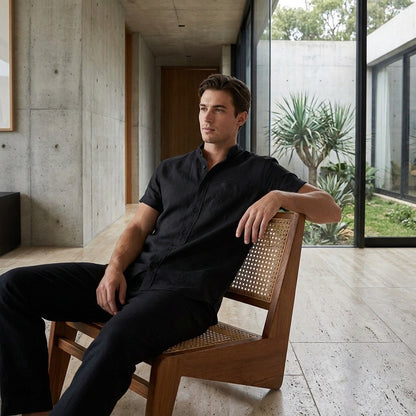 Short Sleeve Linen Shirt - Pitch Black - Side Profile