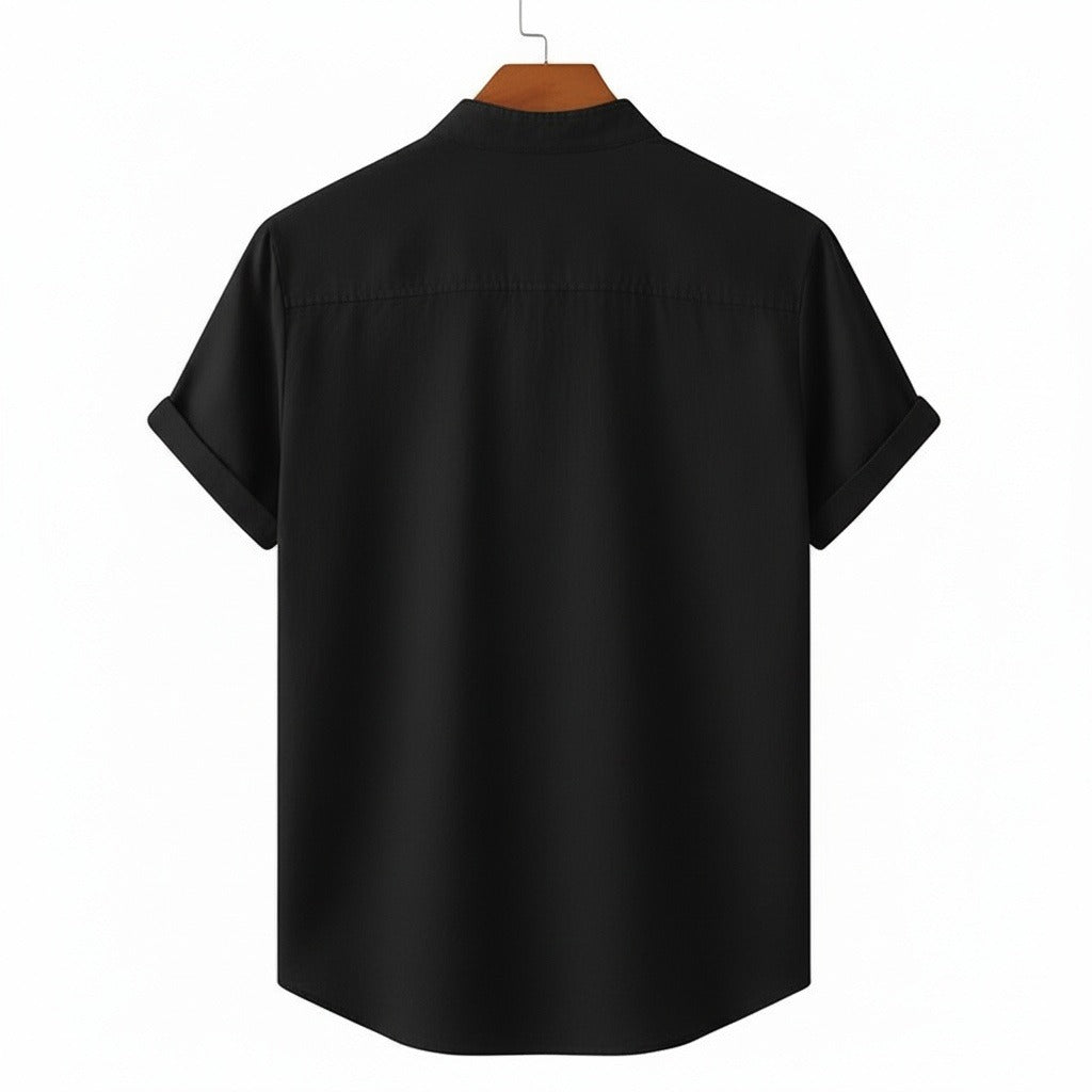 Short Sleeve Linen Shirt - Pitch Black - Fabric Detail