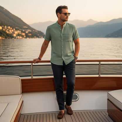 Short Sleeve Linen Shirt - Sage Green - Angled Shot