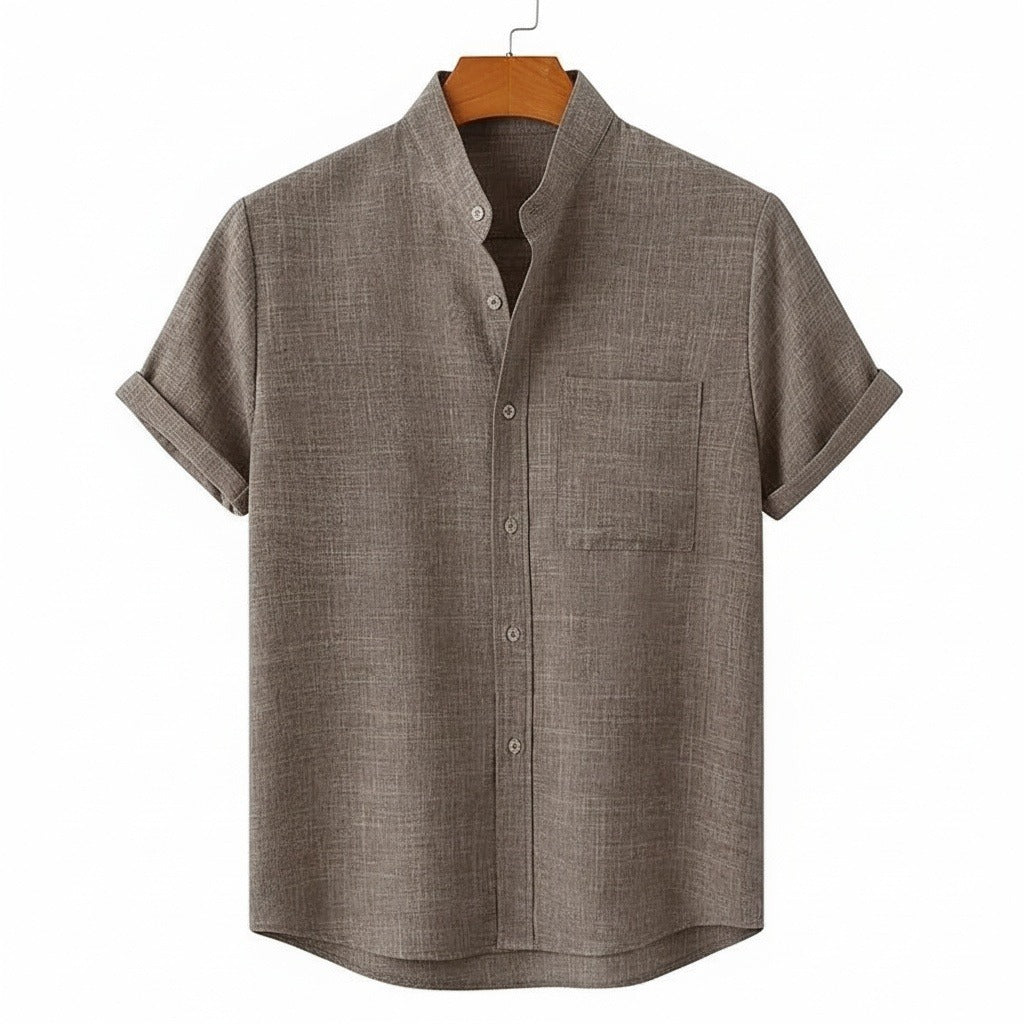 Short Sleeve Linen Shirt - Greige Heather - Front View
