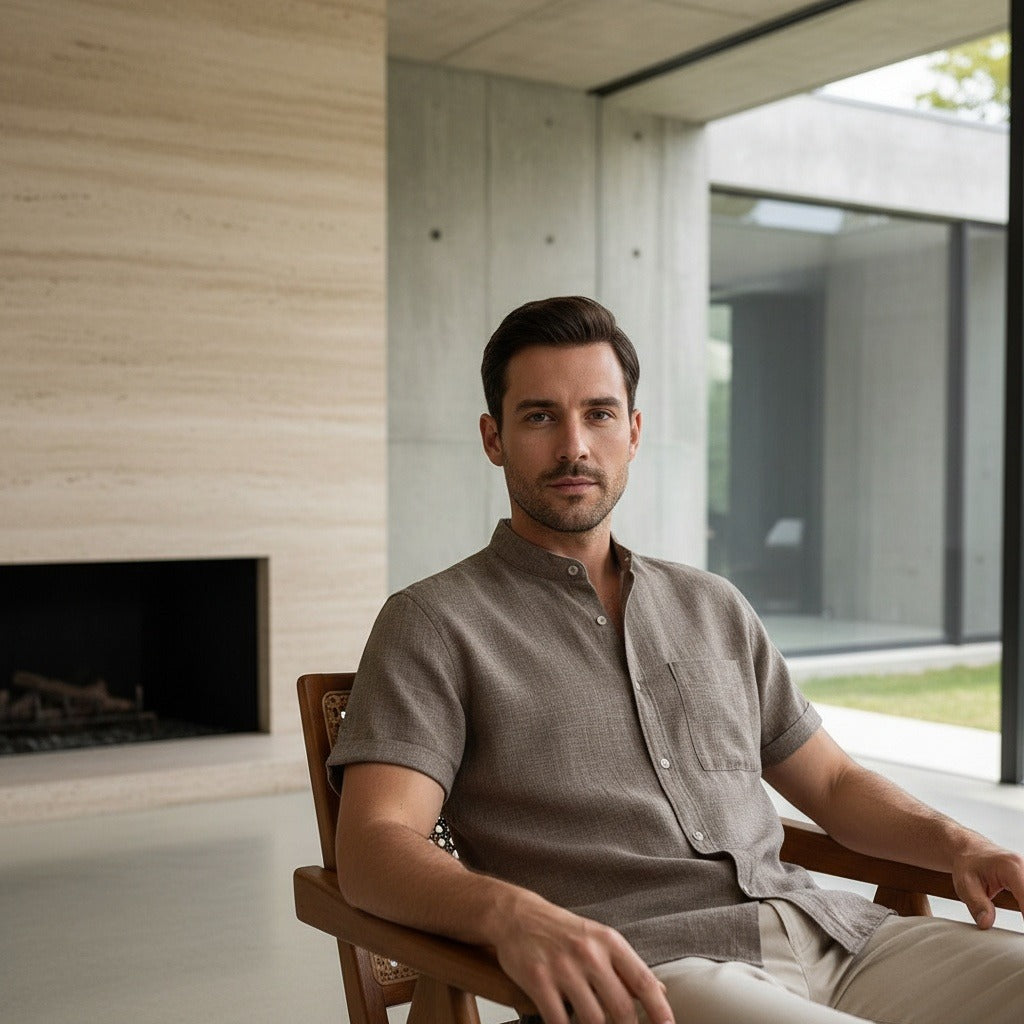 Short Sleeve Linen Shirt - Greige Heather - Side Profile