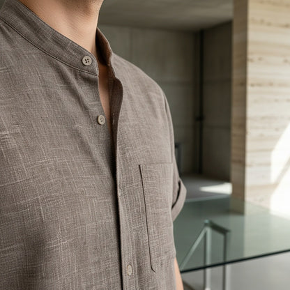 Short Sleeve Linen Shirt - Greige Heather - Back View