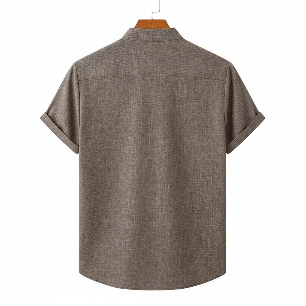 Short Sleeve Linen Shirt - Greige Heather - Fabric Detail
