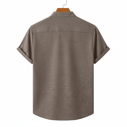 Short Sleeve Linen Shirt - Greige Heather - Fabric Detail