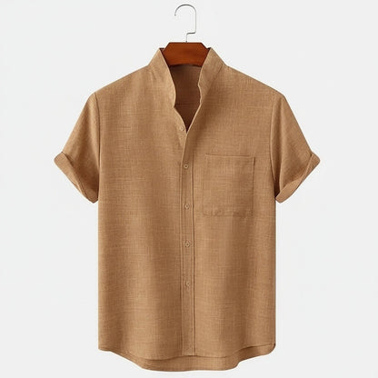 Short Sleeve Linen Shirt - Caramel Tan - Front View