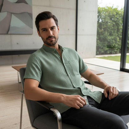 Short Sleeve Linen Shirt - Sage Green - Side Profile