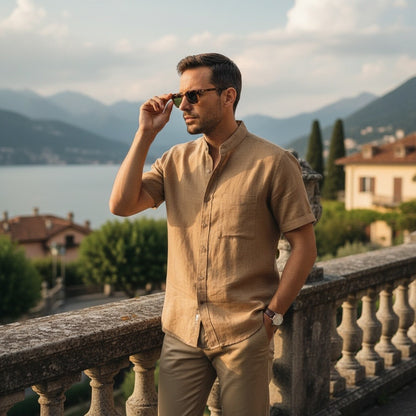 Short Sleeve Linen Shirt - Caramel Tan - Angled Shot