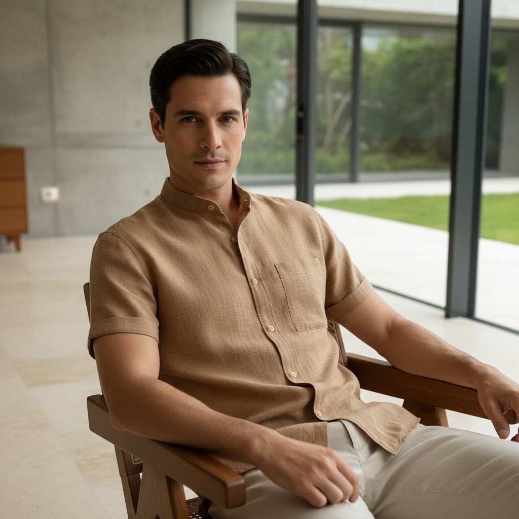 Short Sleeve Linen Shirt - Caramel Tan - Side Profile