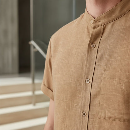 Short Sleeve Linen Shirt - Caramel Tan - Back View