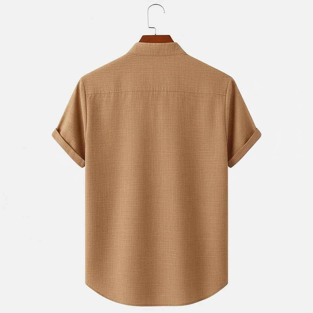 Short Sleeve Linen Shirt - Caramel Tan - Fabric Detail