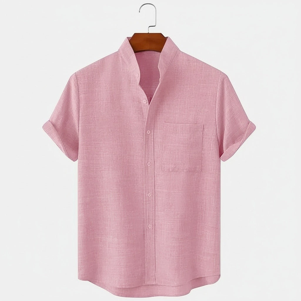 Short Sleeve Linen Shirt - Blush Pink - Front View