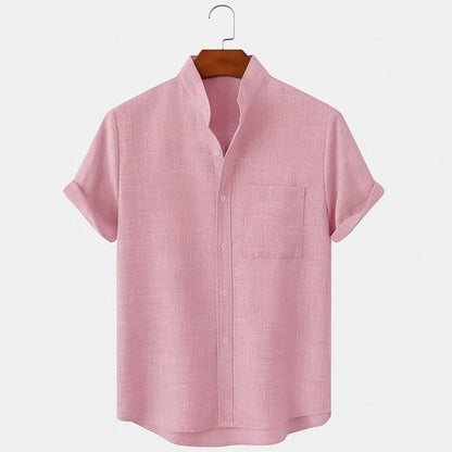 Short Sleeve Linen Shirt - Blush Pink - Front View