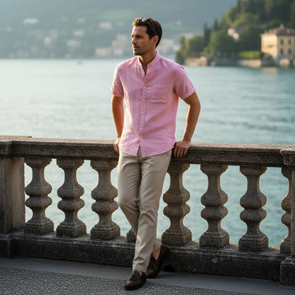 Short Sleeve Linen Shirt - Blush Pink - Angled Shot