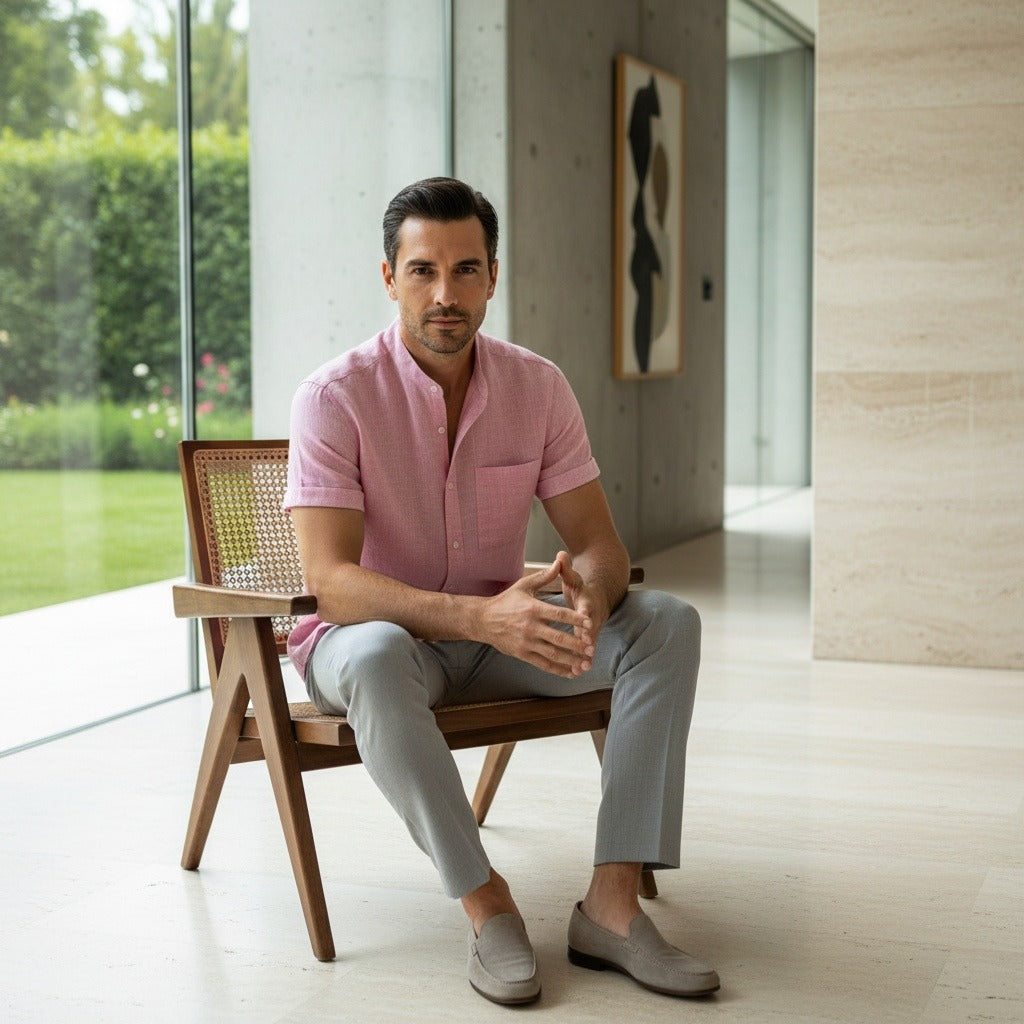 Short Sleeve Linen Shirt - Blush Pink - Side Profile