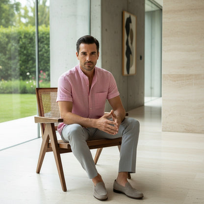 Short Sleeve Linen Shirt - Blush Pink - Side Profile