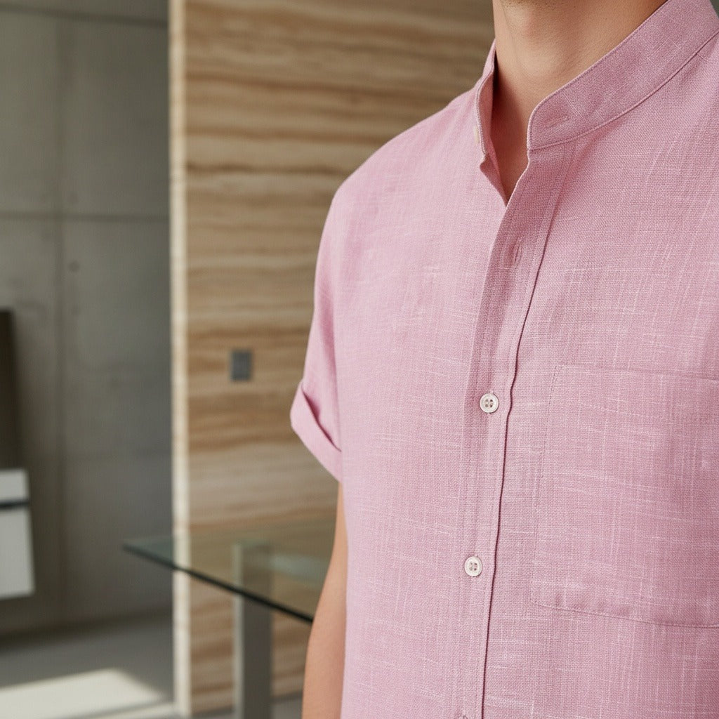 Short Sleeve Linen Shirt - Blush Pink - Back View