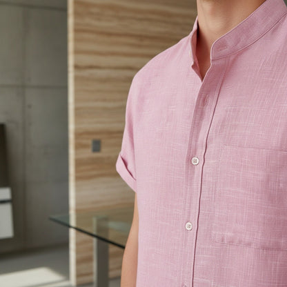 Short Sleeve Linen Shirt - Blush Pink - Back View