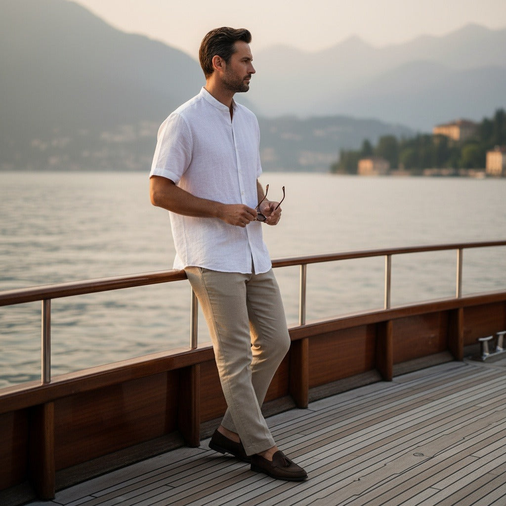 Short Sleeve Linen Shirt - Bright White - Angled Shot
