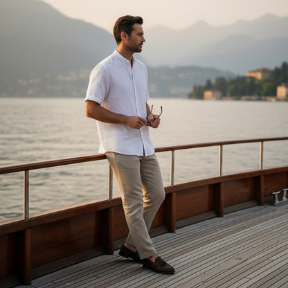 Short Sleeve Linen Shirt - Bright White - Angled Shot
