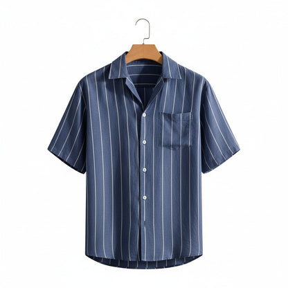 Striped Linen Shirt - Indigo Blue - Front View