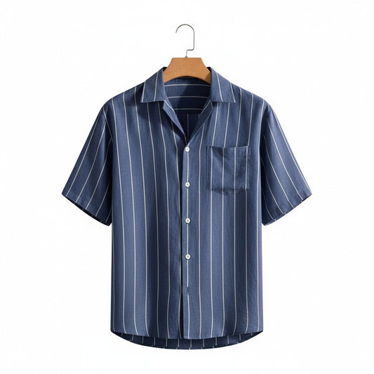 Striped Linen Shirt - Indigo Blue - Front View