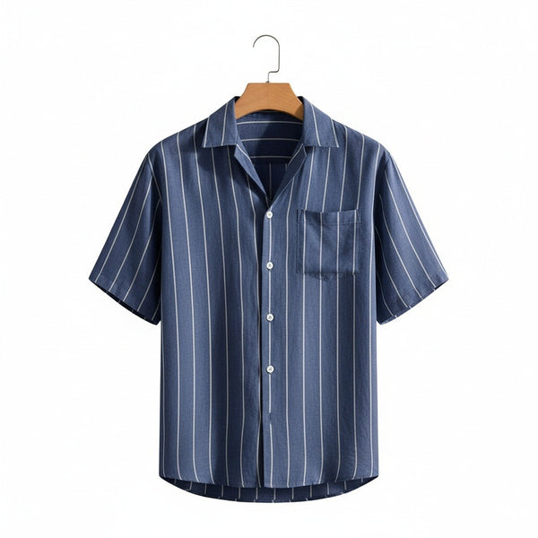 Striped Linen Shirt - Indigo Blue - Front View
