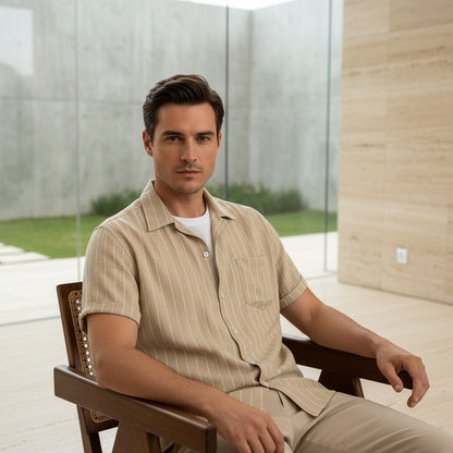 Striped Linen Shirt - Desert Sand - Side Profile