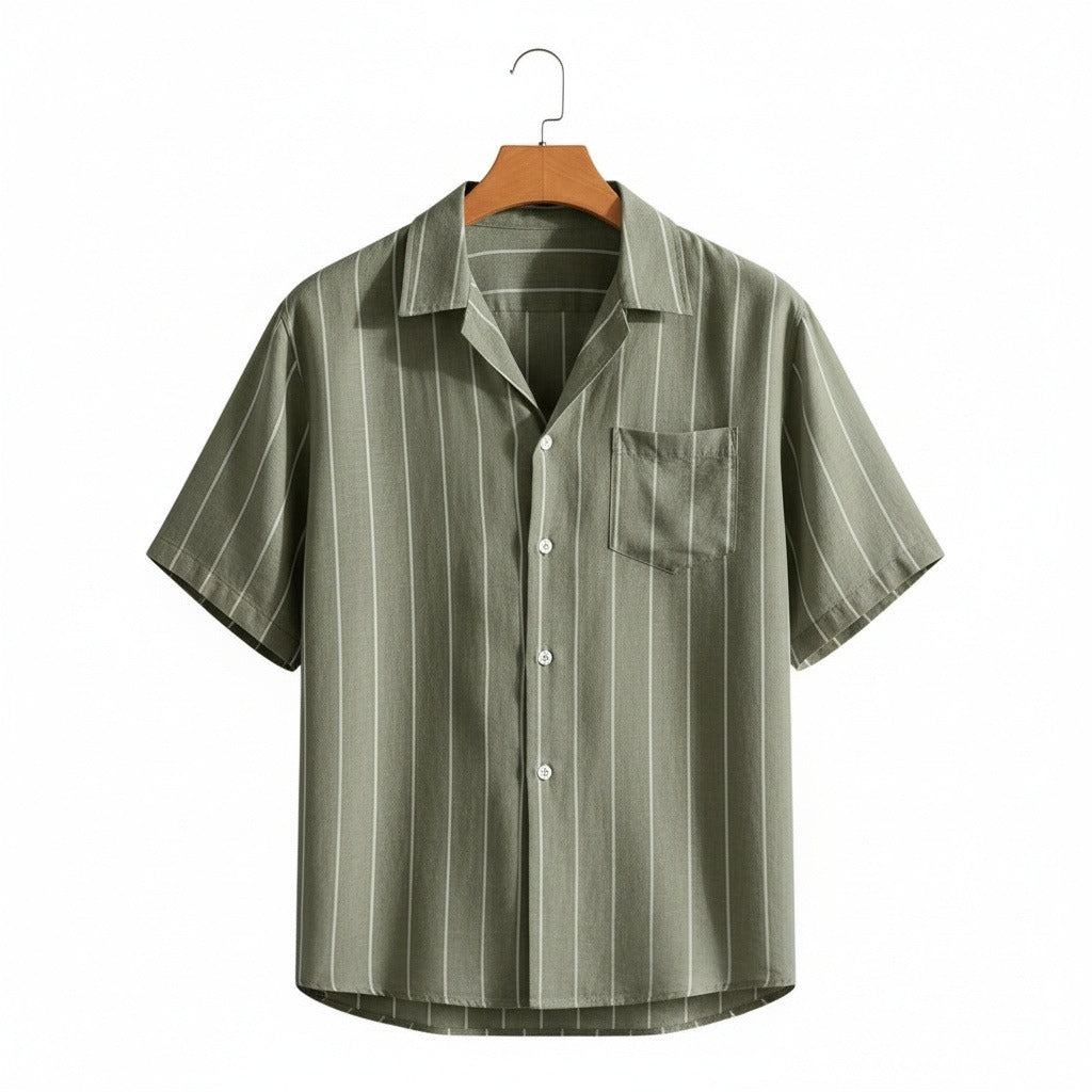 Striped Linen Shirt - Sage Green - Front View