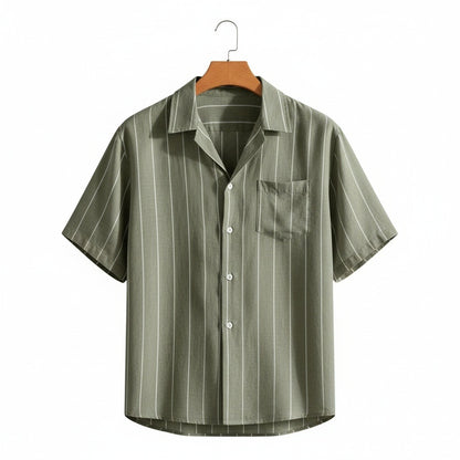 Striped Linen Shirt - Sage Green - Front View