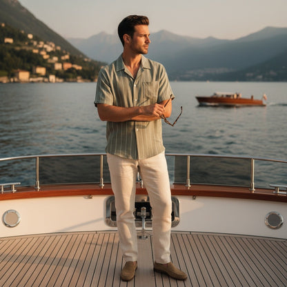 Striped Linen Shirt - Sage Green - Angled Shot
