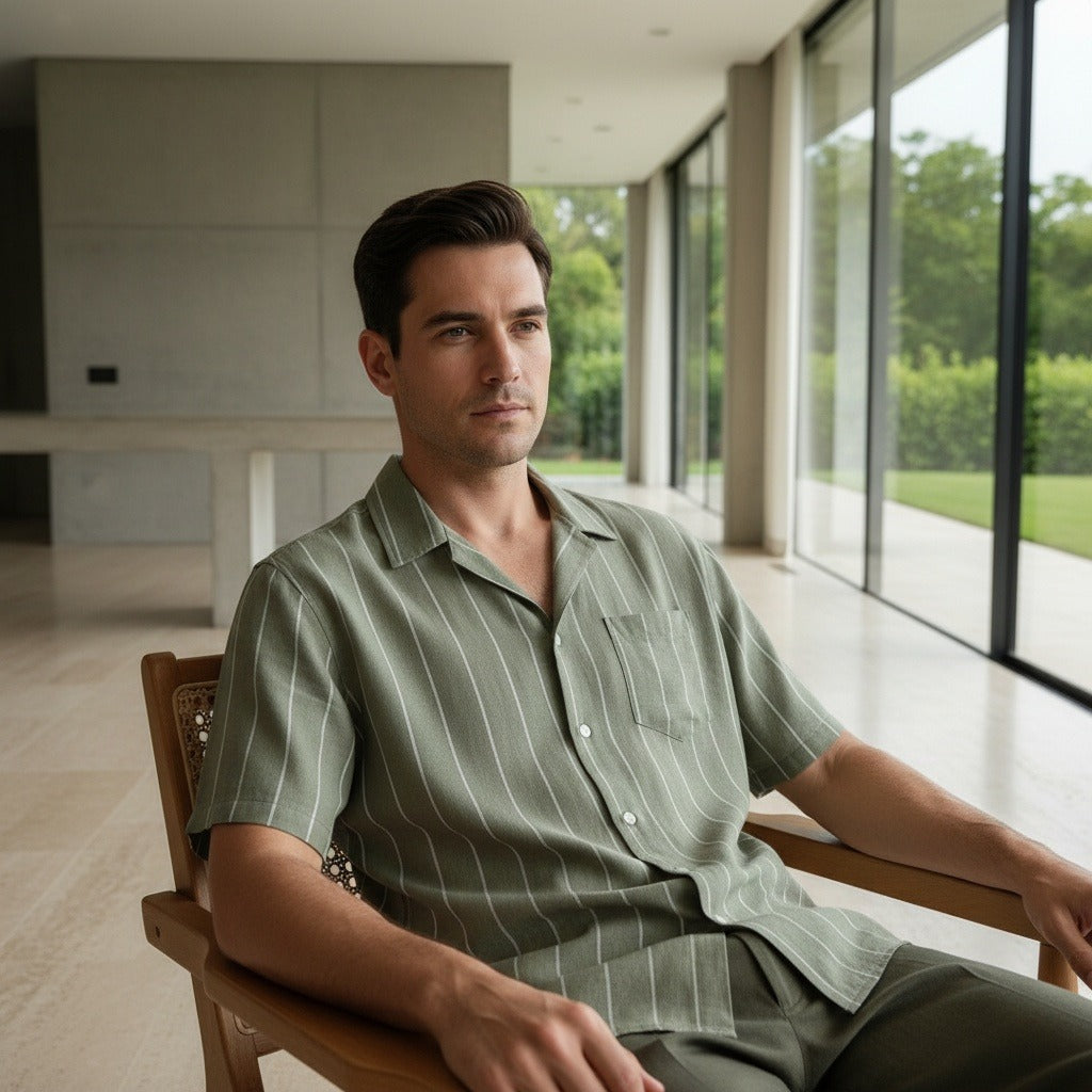 Striped Linen Shirt - Sage Green - Side Profile