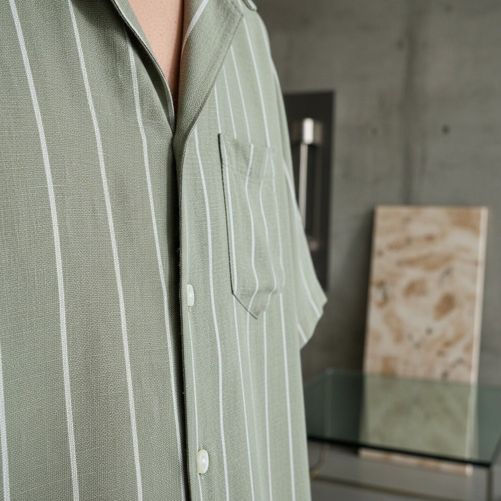 Striped Linen Shirt - Sage Green - Back View