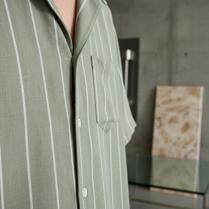 Striped Linen Shirt - Sage Green - Back View