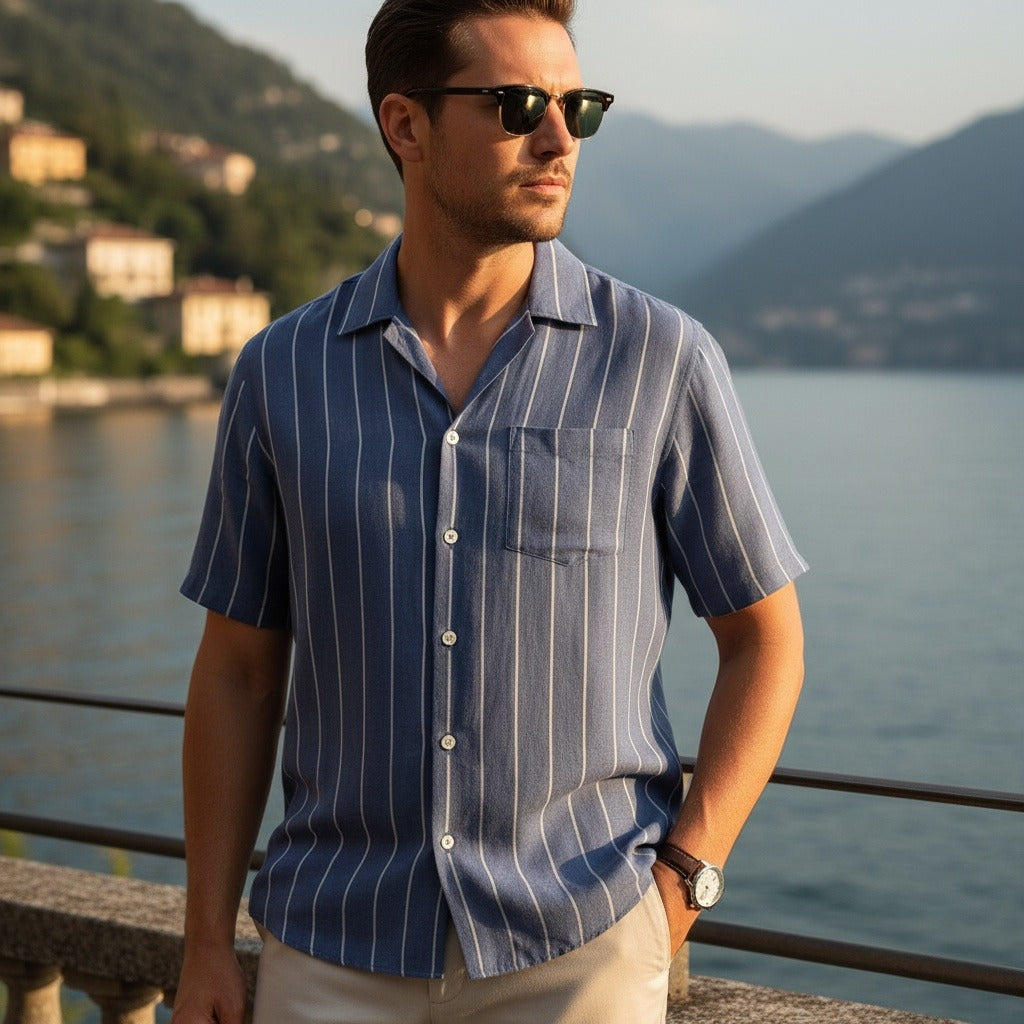Striped Linen Shirt - Indigo Blue - Angled Shot