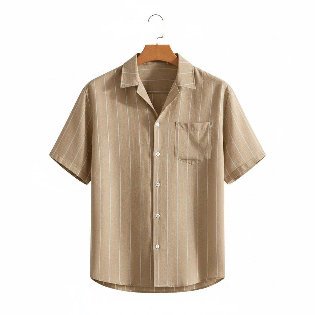 Striped Linen Shirt - Warm Tan - Front View