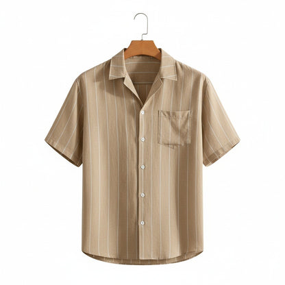 Striped Linen Shirt - Warm Tan - Front View