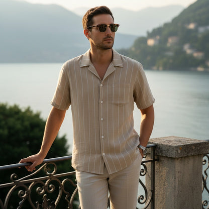 Striped Linen Shirt - Warm Tan - Angled Shot