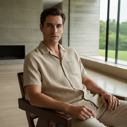 Striped Linen Shirt - Warm Tan - Side Profile