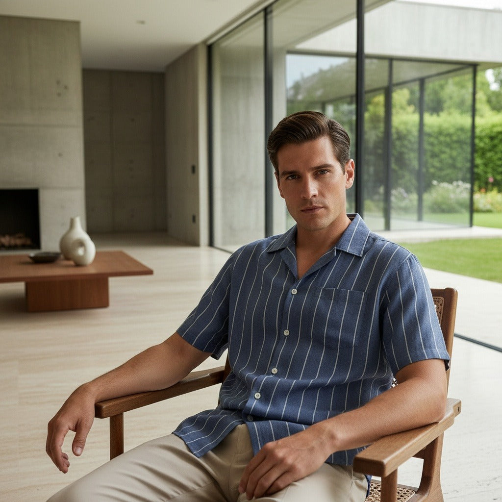 Striped Linen Shirt - Indigo Blue - Side Profile