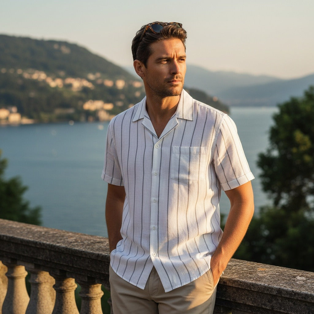 Striped Linen Shirt - Salt And Pepper - Angled Shot