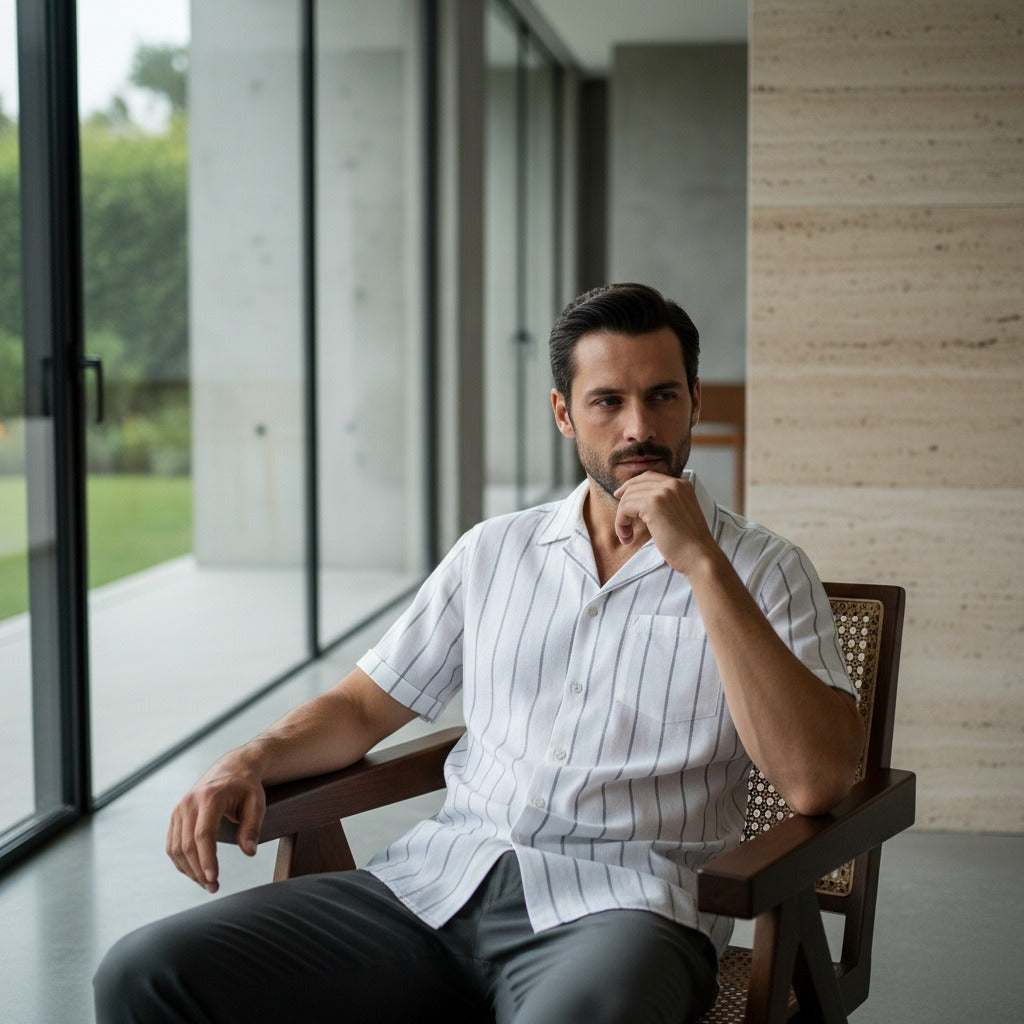 Striped Linen Shirt - Salt And Pepper - Side Profile