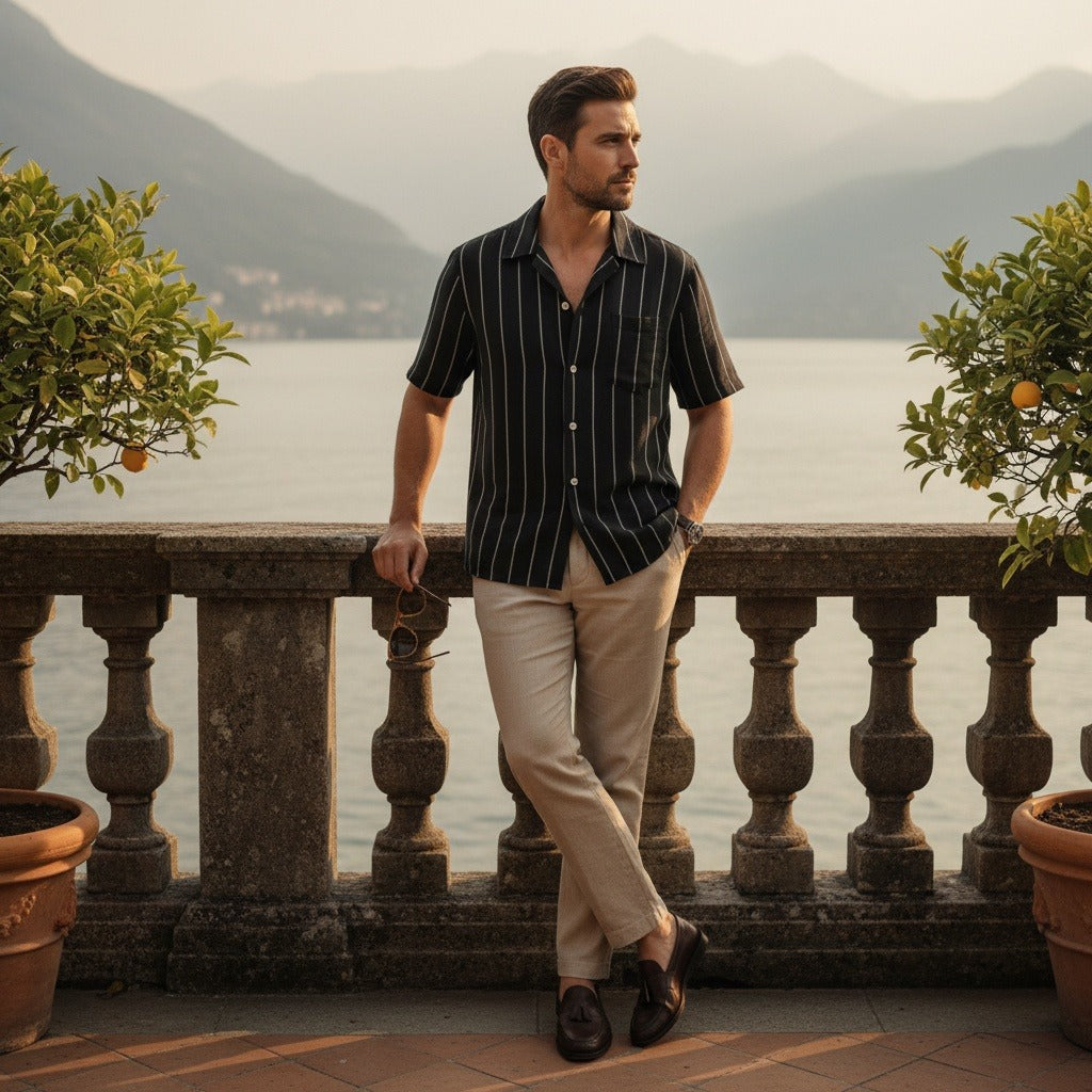Striped Linen Shirt - Midnight Stripe - Angled Shot