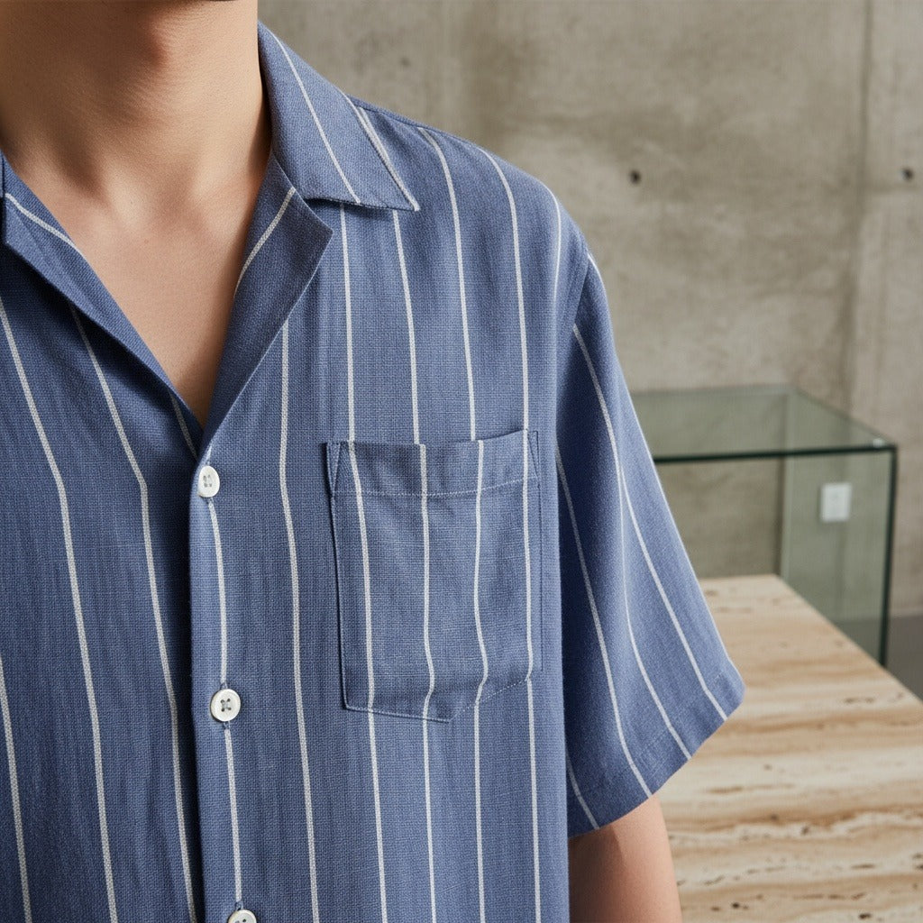 Striped Linen Shirt - Indigo Blue - Back View