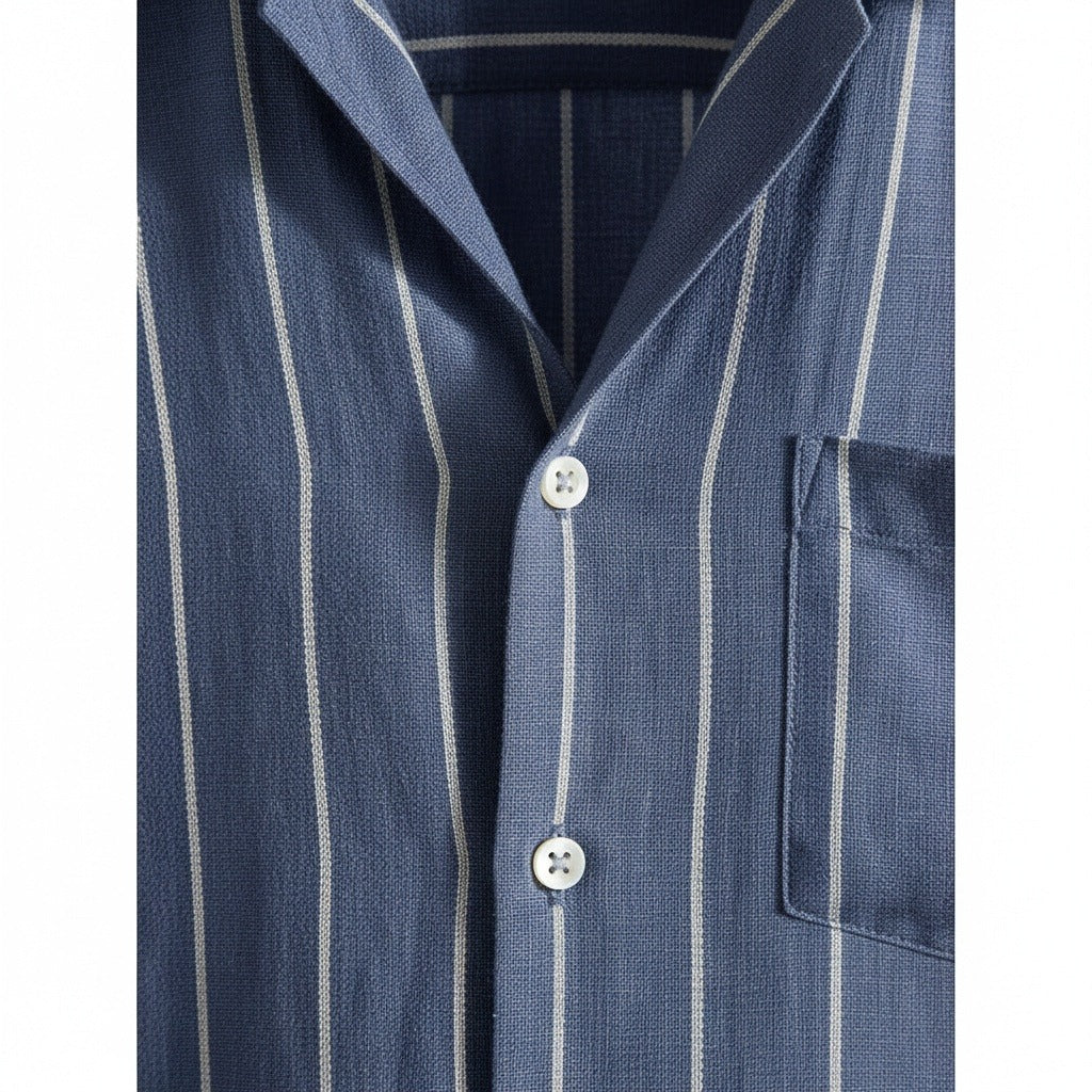 Striped Linen Shirt - Indigo Blue - Texture Close Up
